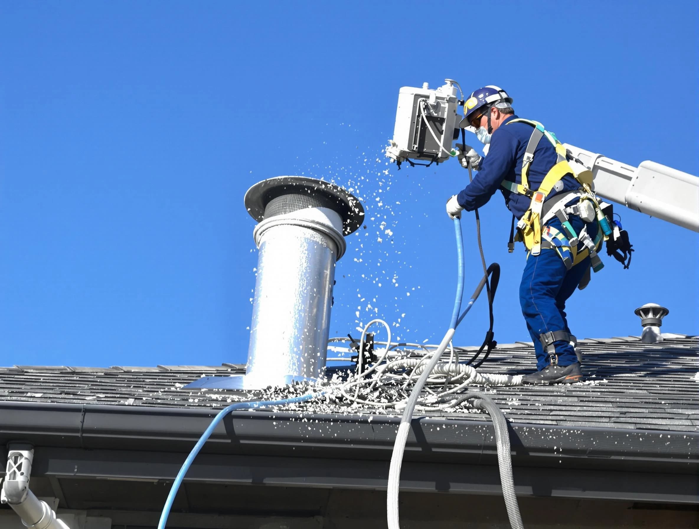 Brigham City Dryer Vent Cleaning certified technician safely cleaning a roof-mounted dryer vent in Brigham City