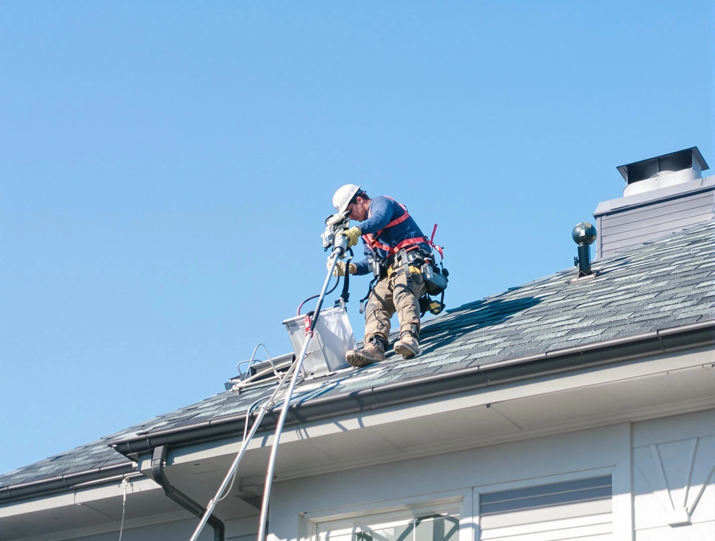 Brigham City Dryer Vent Cleaning certified technician cleaning a roof-mounted dryer vent system in Brigham City