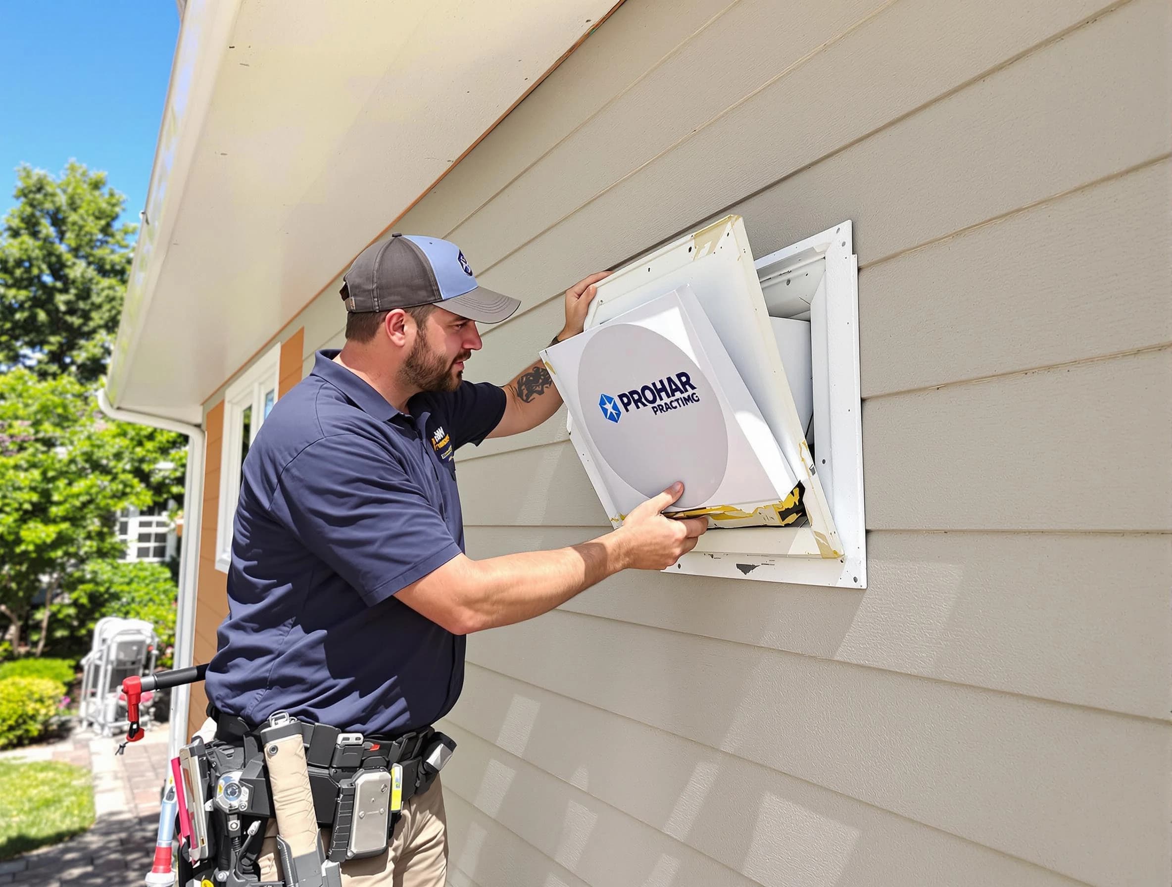 Brigham City Dryer Vent Cleaning technician installing a new protective dryer vent cover on a home in Brigham City