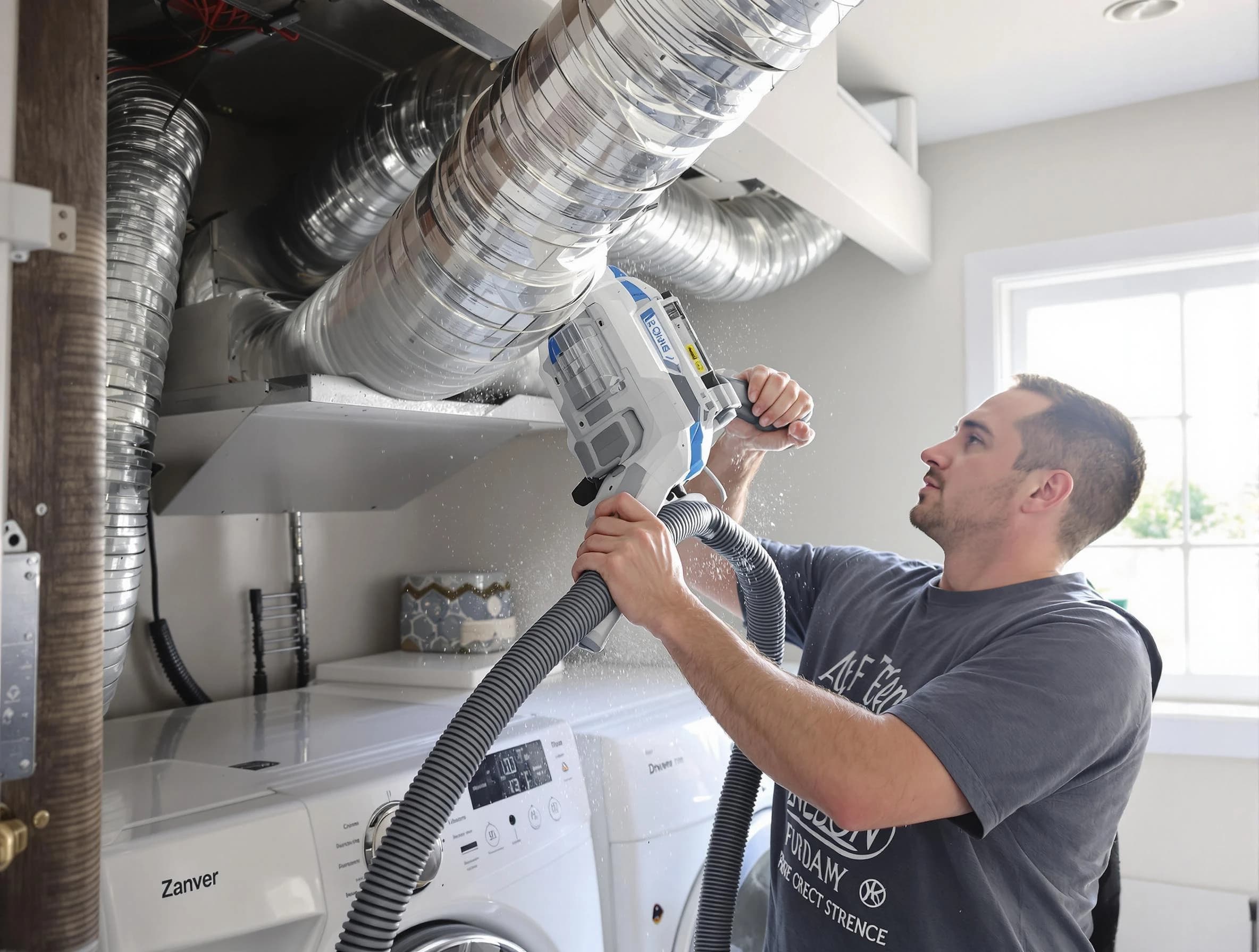 Brigham City Dryer Vent Cleaning specialist cleaning deep within a dryer vent duct system in Brigham City