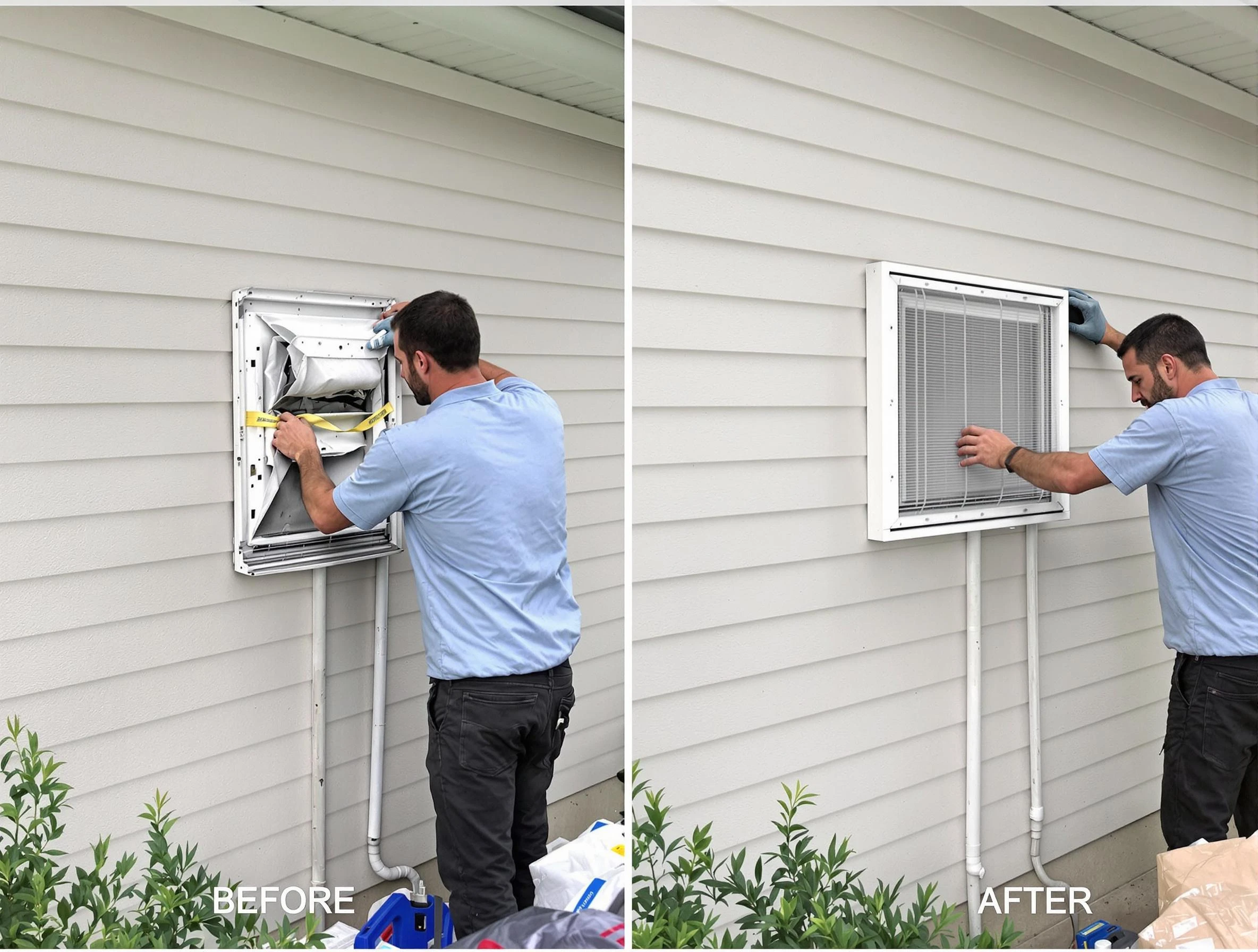 Brigham City Dryer Vent Cleaning technician installing high-quality dryer vent cover at a residential property in Brigham City